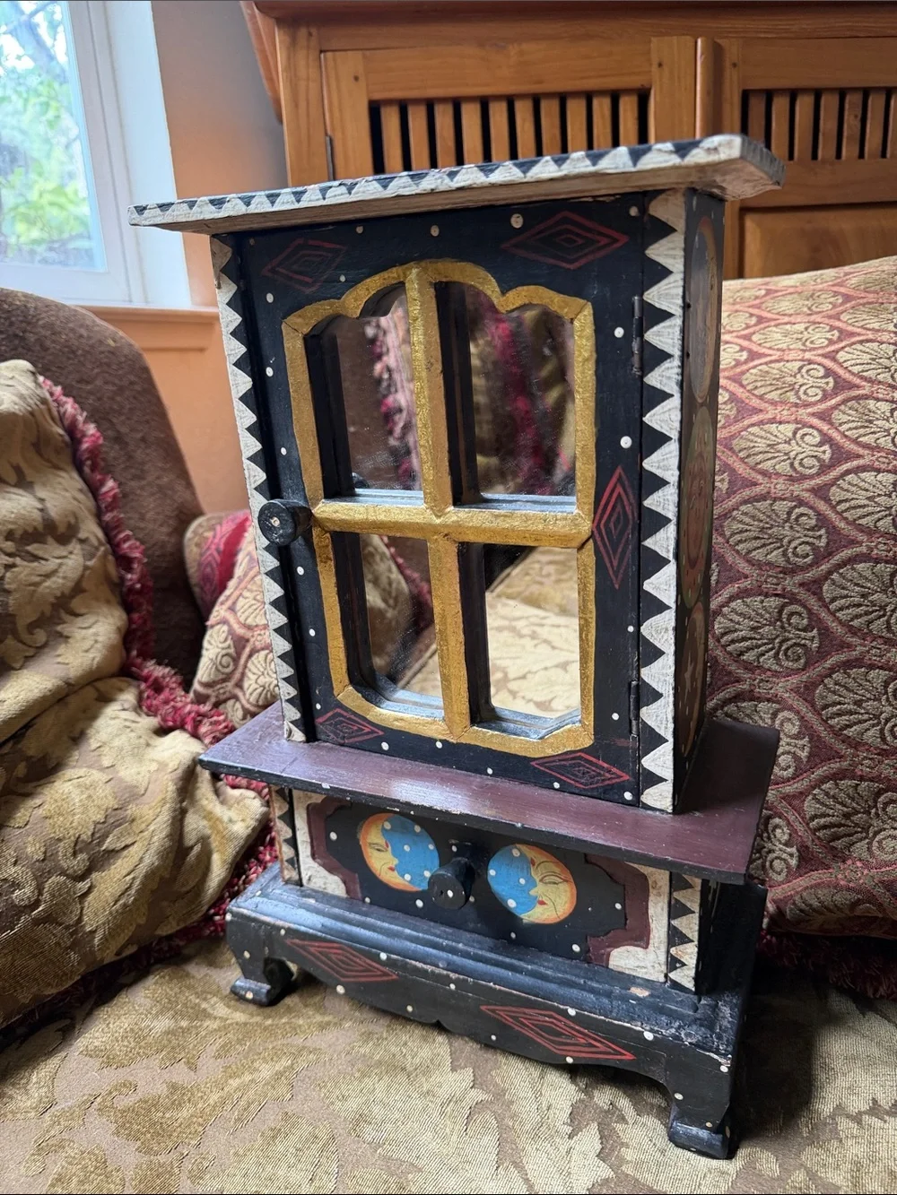 Hand-Painted Bohemian Vintage Wooden Jewelry Cabinet with Sun & Moon